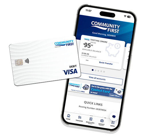 Image of a smart phone shoring mobile banking with Community First Debit card