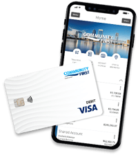 Community First debit card and mobile phone with online banking display