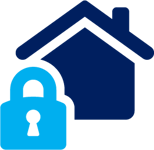 Home icon with a lock in front of it Home icon with a lock in front of it