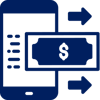Icon of a phone with a dollar bill coming out of it and arrows pointing to the right.