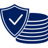 Icon of a pile of coins next to a security shield with a checkmark inside it.
