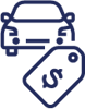 Navy blue icon of a car with a label and a dollar sign on it