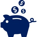 Navy blue piggy bank icon with three coins on top.