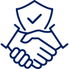 Icon of shaking hands and a security shield behind it with a checkmark inside it.