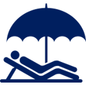 Navy blue icon of a person laying down at the beach under an umbrella.