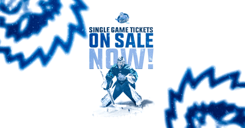 Image of a hockey player with a text that says: Single Game Tickets On Sale Now!