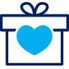 Icon of a dark blue gift box with a light blue heart inside it. Icon of a dark blue gift box with a light blue heart inside it.