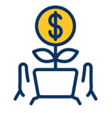 Potted plant with dollar signs with hands holding