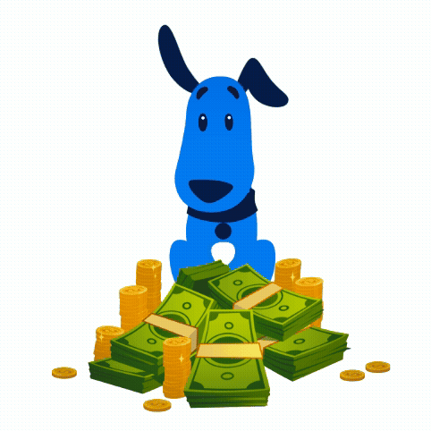Cartoon dog sitting with pile of money wiggling nose